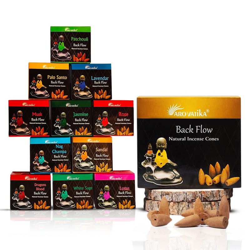 ARO VATIKA Backflow Natural Masala 120 Incense Cones | Pack of 11 Different Assorted Fragrances | for Home Fragrance & Prayers | Size 32mm | Burn Time- Approx 18 Minutes - Image 1